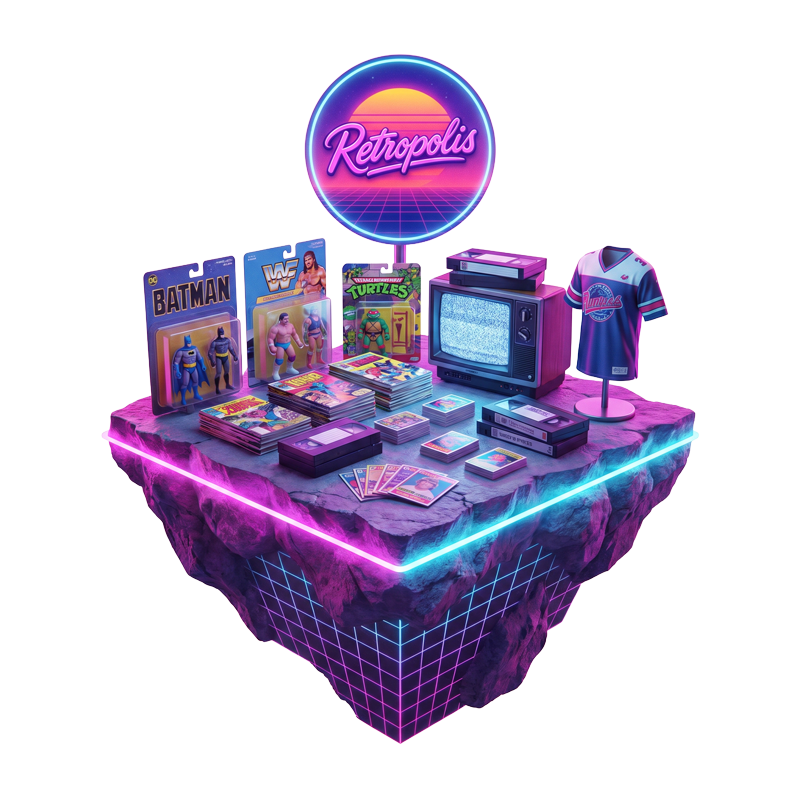 Neonfarbenes Retro-Gaming-Display mit Konsole, Modulen, Fernseher, Postern und leuchtend pink-blauer Plattform