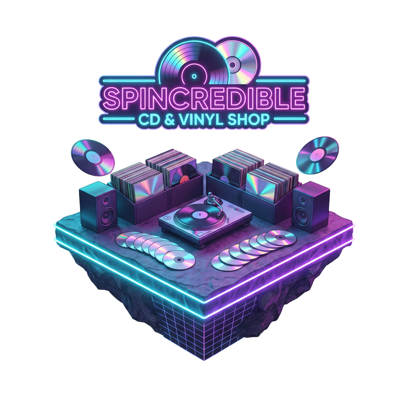 Neon-Logo für den Spincredible CD- und Vinyl-Shop mit Plattenspielern, Lautsprechern und farbenfrohen Retro-Audiografiken