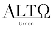 Ein schwarzweißes Logo für Alto Urnen auf weißem Hintergrund.