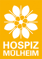 Ein Logo für Hospiz Mülheim mit einer weißen Blume auf gelbem Hintergrund
