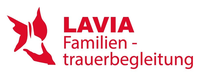 A red and white logo for lavia familien trauerbegleitung