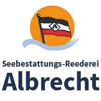 Ein Logo für eine Seebestattungs-Reederei Albrecht mit einer Flagge an einer Stange.