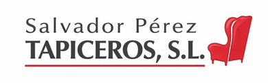 Logotipo de Salvador Pérez Tapiceros, SL, con texto negro y el gráfico de un sillón rojo sobre una fina línea roja.