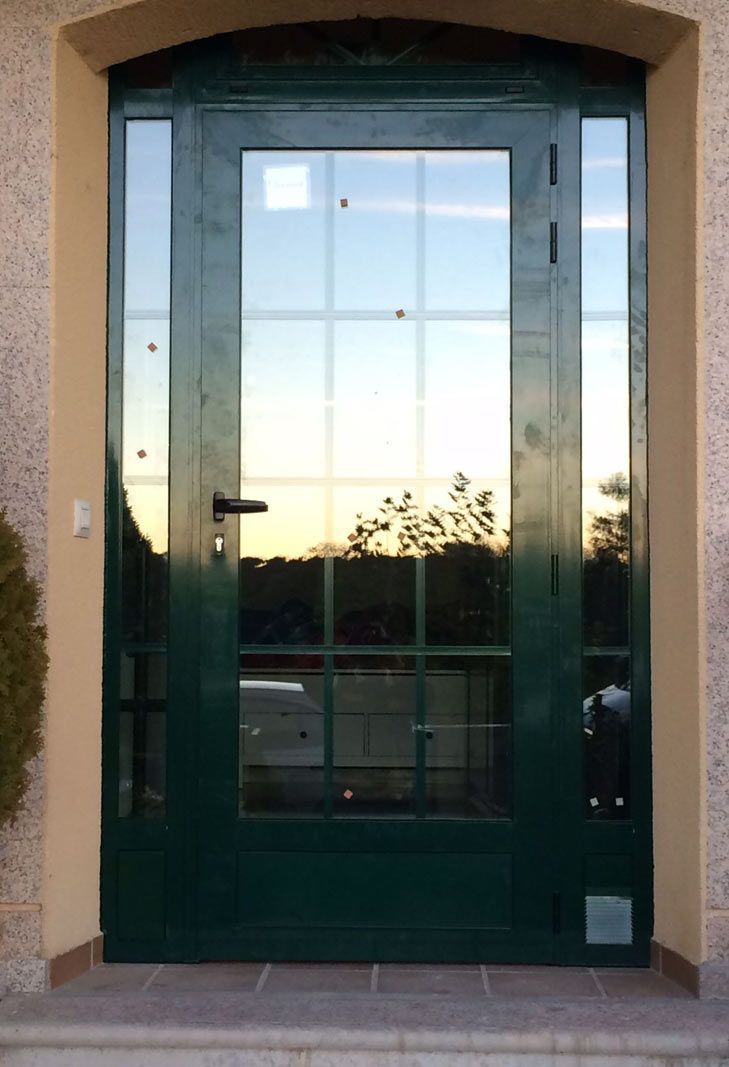 Una puerta verde con un reflejo de árboles en ella.