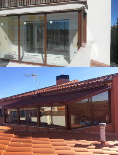 Una foto de antes y después de una casa con techo.