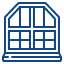 Un icono azul y blanco de una ventana sobre un fondo blanco.