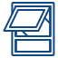 Un icono azul y blanco de una ventana con la parte superior abierta.
