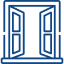 Un icono azul y blanco de una ventana abierta sobre un fondo blanco.
