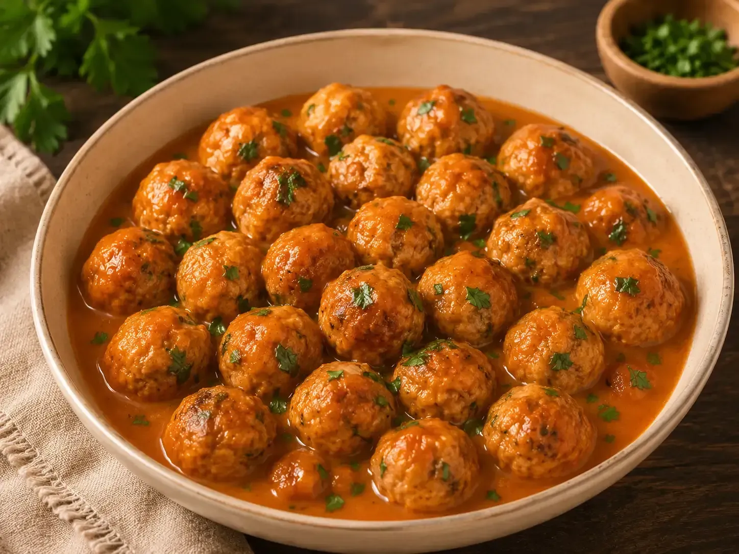 Bol de albóndigas en salsa de naranja, adornado con hierbas, sobre una mesa de madera.