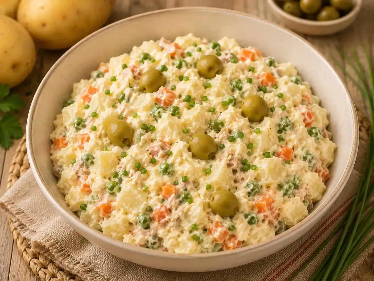 Ensalada cremosa de patatas con verduras en dados y aceitunas verdes en un bol, adornada con cebollino.