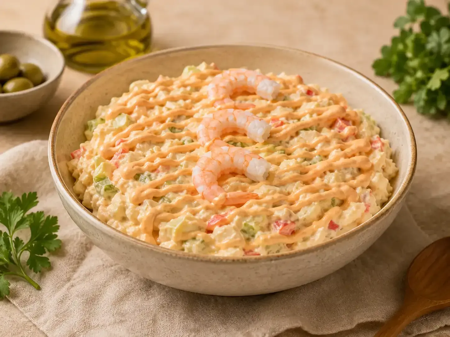 Ensalada cremosa con camarones en un tazón beige sobre un mantel de lino, con aceitunas y hierbas aromáticas cerca.