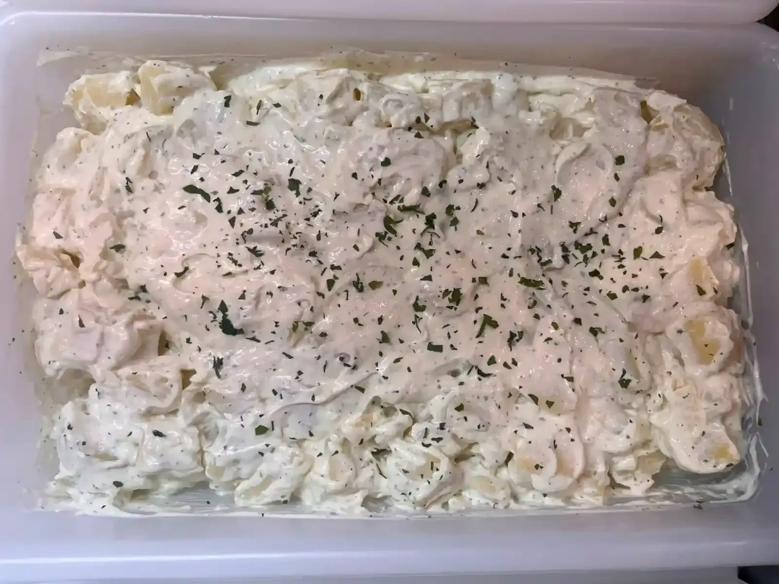 Bandeja de ensalada de patatas blancas cremosas con hierbas aromáticas en un recipiente de plástico.