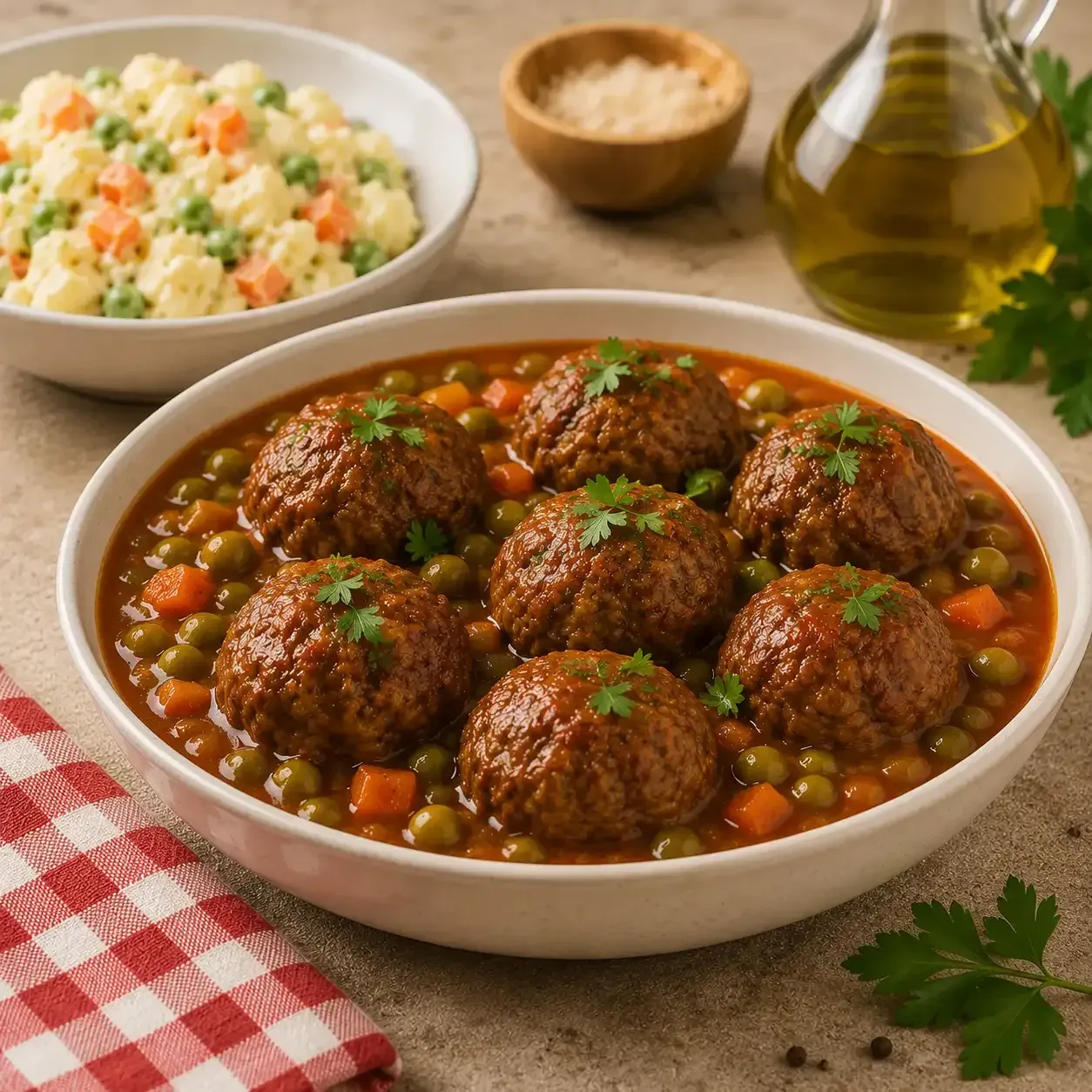 Albóndigas en salsa de tomate con hierbas, servidas con arroz y aceite de oliva sobre un mantel.