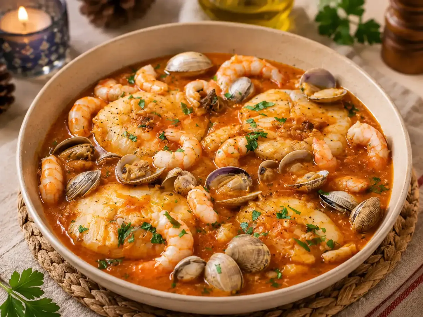 Un tazón de guiso de camarones y almejas en caldo de tomate, adornado con hierbas, sobre una mesa.