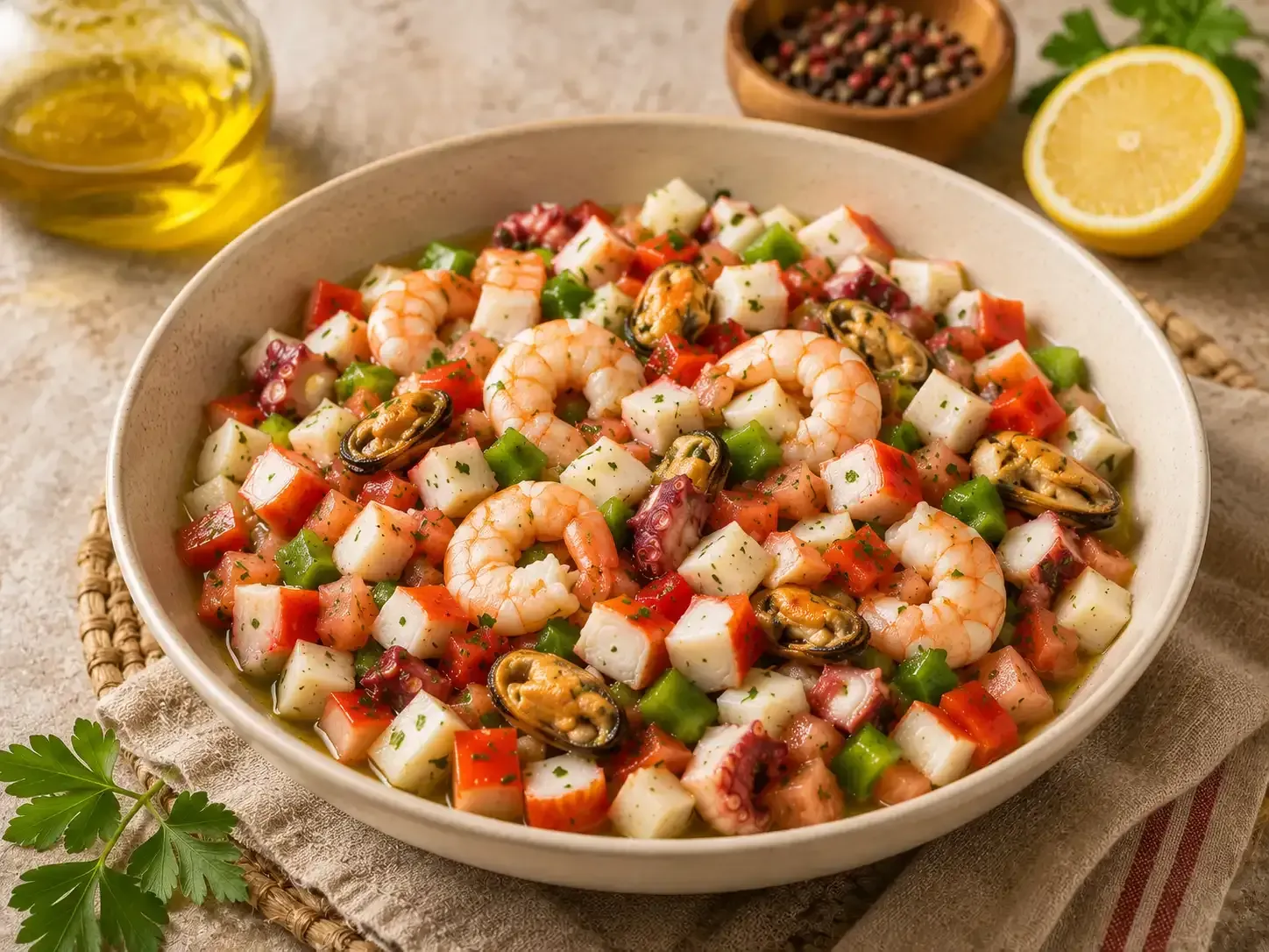 Ensalada de camarones con tomates picados, pepino y hierbas en un tazón beige, con aceite de oliva y limón al lado.