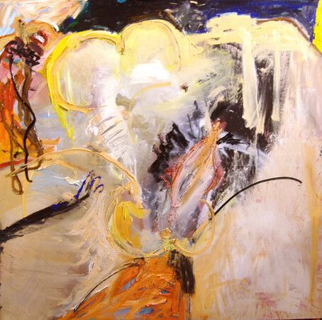 Pintura abstracta con pinceladas amarillas, blancas, naranjas y negras sobre un lienzo texturizado.