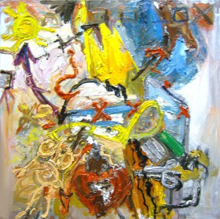 Pintura abstracta con pinceladas de color amarillo brillante, azul y naranja y formas superpuestas.