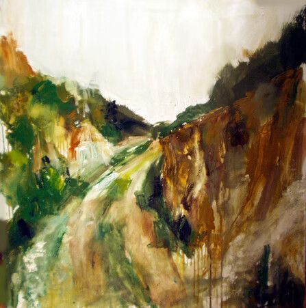 Pintura abstracta de un valle rocoso verde con acantilados marrones y un cielo blanco.