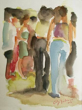 Acuarela de un pequeño grupo de personas de pie charlando al aire libre, vestidas con ropa suelta y colorida.