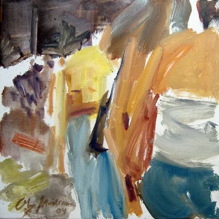 Pintura abstracta de dos figuras en amarillo y azul junto a una forma blanca y azul, con pinceladas cálidas de color naranja y marrón.