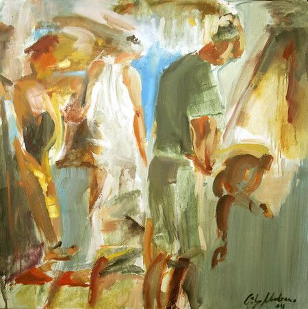 Pintura abstracta de tres figuras con pinceladas sueltas blancas y verdes sobre un fondo cálido iluminado por el sol.