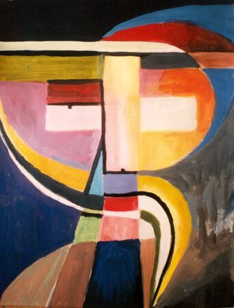 Pintura geométrica abstracta con formas llamativas de color amarillo, azul, rojo y negro sobre un fondo oscuro.