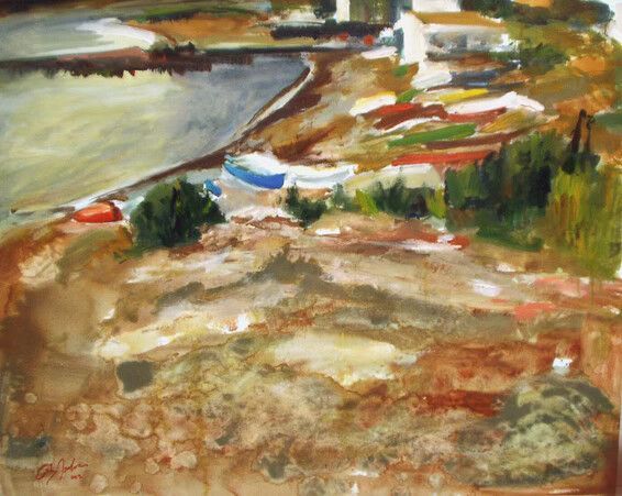 Pintura abstracta de una costa rocosa con pequeñas barcas coloridas junto a aguas tranquilas.
