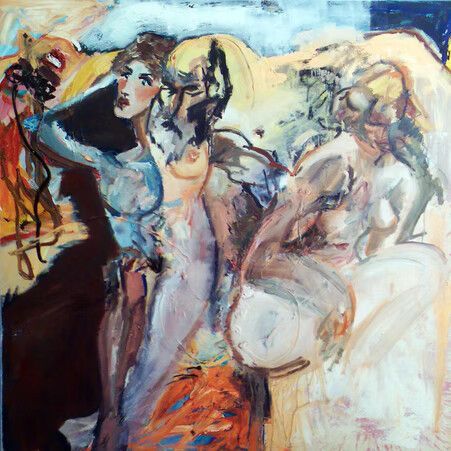 Pintura abstracta de varias figuras con pinceladas fluidas, con toques de azul, crema y naranja.