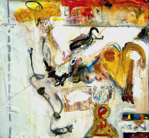 Pintura abstracta con tonos cálidos de rojo, amarillo y blanco, con pinceladas sueltas en negro y azul.