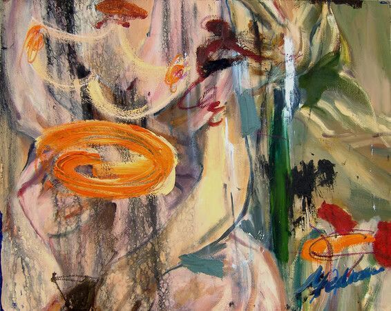 Pintura abstracta con pinceladas ondulantes de color naranja, verde y rojo sobre un fondo beige.