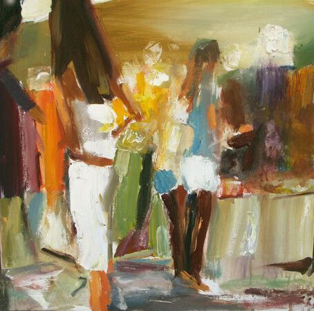 Pintura abstracta de personas de pie juntas en una colorida escena interior.