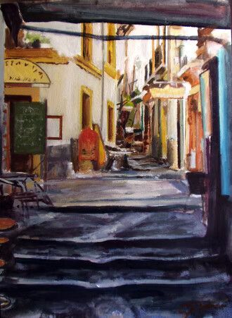 Un estrecho callejón soleado con escalones, edificios coloridos y ropa tendida al estilo pictórico.