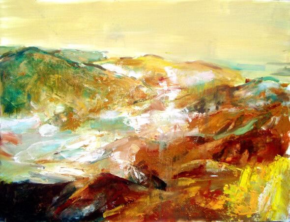Pintura abstracta de paisaje con pinceladas cálidas de amarillo, rojo, verde y azul.