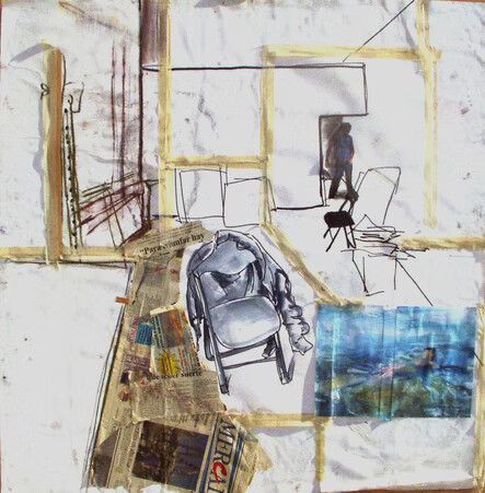 Boceto abstracto de una habitación interior con sillas, puerta y detalles de patchwork azul.
