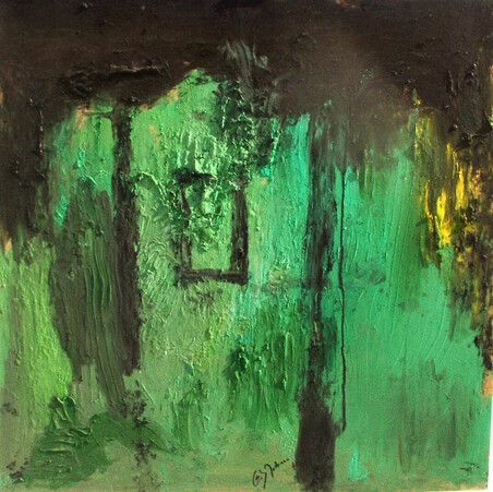 Pintura abstracta verde y negra con textura rugosa y un pequeño acento amarillo en la derecha.
