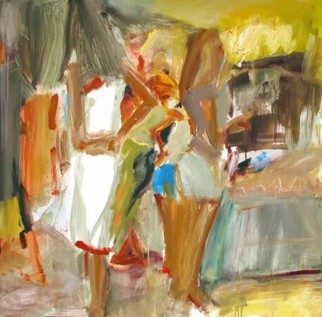 Pintura abstracta de dos figuras en un interior luminoso y colorido con pinceladas amarillas, naranjas, rojas y grises.