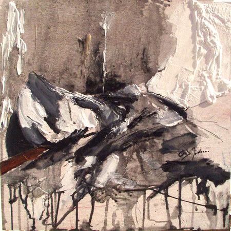 Pintura abstracta a tinta y aguada de un pájaro oscuro posado en ramas sobre un fondo beige.