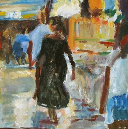 Pintura borrosa de personas caminando por una calle soleada con edificios coloridos al fondo.