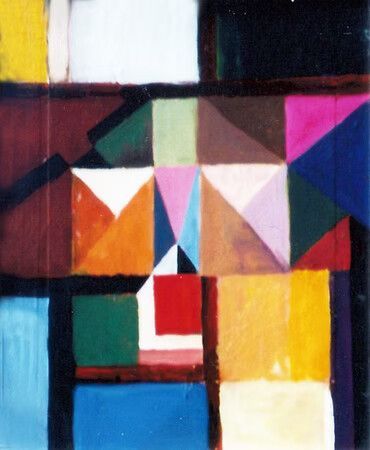 Pintura geométrica abstracta con bloques y triángulos de colores rojo, azul, amarillo, blanco y negro intensos.