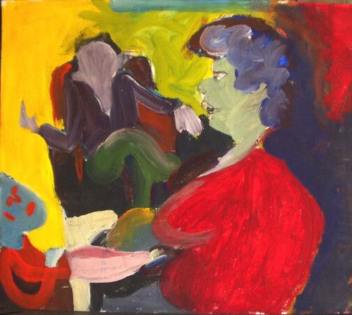 Pintura abstracta de dos figuras, una roja y otra oscura, sobre un fondo amarillo y rojo brillante.