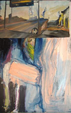 Pintura abstracta con una escena que simula un autobús en la parte superior y una figura colorida en tonos azules, rosas y amarillos en la parte inferior.