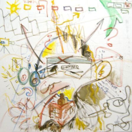 Boceto abstracto con coloridas líneas onduladas, formas geométricas y una figura central similar a un rostro sobre un fondo blanco.
