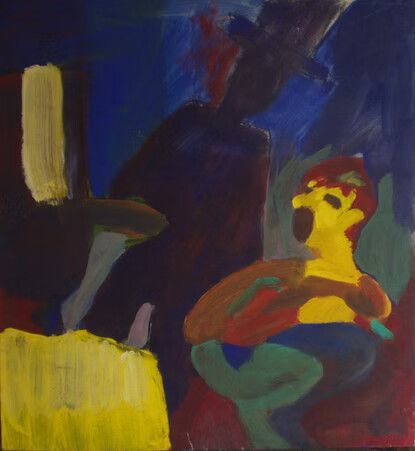 Pintura abstracta con una figura de rostro amarillo en rojo y azul sobre un fondo azul oscuro.
