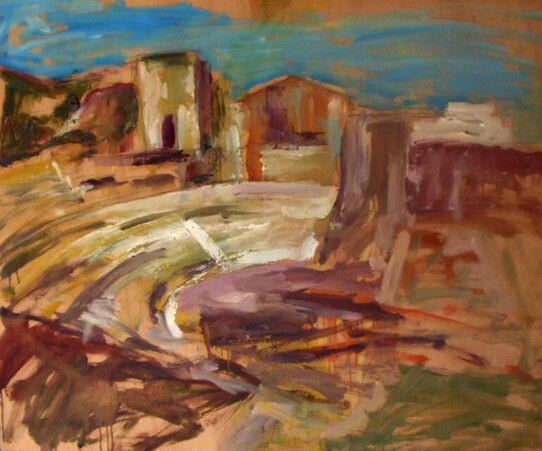 Pintura abstracta de un camino sinuoso a través de ruinas rocosas bajo un cielo azul.