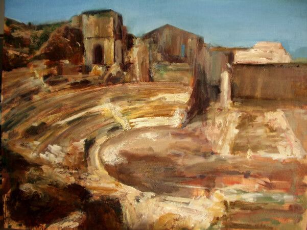 Pintura abstracta de antiguas ruinas de piedra y un anfiteatro circular en tonos cálidos y terrosos.