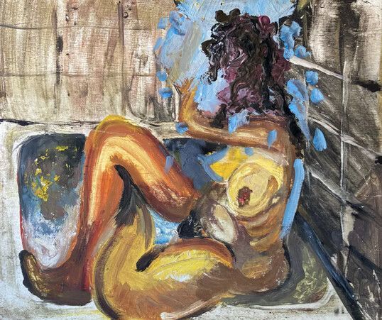Pintura abstracta de una figura desnuda reclinada sobre una superficie azul con tonos marrones, dorados y morados.