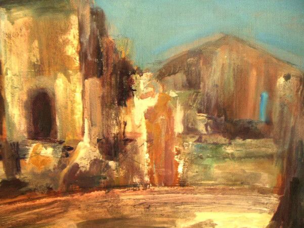Pintura suelta estilo acuarela de ruinas de piedra color canela con arcos bajo un cielo azul y montañas.