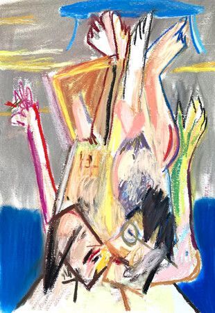 Pintura abstracta con una figura reclinada, fondo azul brillante y pinceladas llamativas de color rosa, blanco y amarillo.