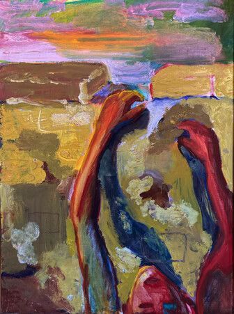 Pintura abstracta con un rostro ovalado central, brazos rojos y azules en alto y pinceladas de color rosa cálido, amarillo y morado.