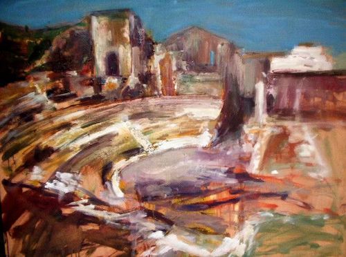 Pintura abstracta de una fuente circular o plaza con edificios difuminados en tonos cálidos y terrosos.